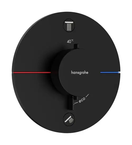 Thermostat von Hansgrohe in mattschwarz für die Wandmontage. Drehknopf zur Temperatureinstellung und Wasserquellenwahl, mit Symbolen für Eco-Modus und Temperaturmarkierung.